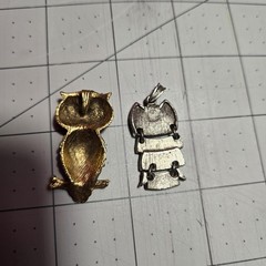 Lot of 2 Owl Necklace Pendants Gold & Silver Tone Green & Blue Eyes