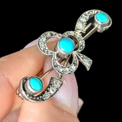 1800s Antique Victorian Turquoise Diamond 14K Gold Silver Topped Shamrock Brooch