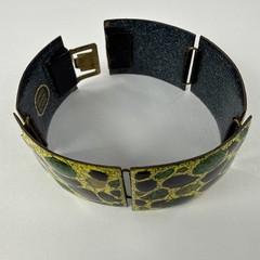 1950s 1970s MCM Enamel Copper Bracelet West Germany Mosaic Pattern Green Yellow