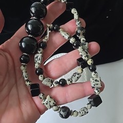 Vintage Hand Crafted Dalmatian Jasper Black Onyx Beads Necklace 20″L