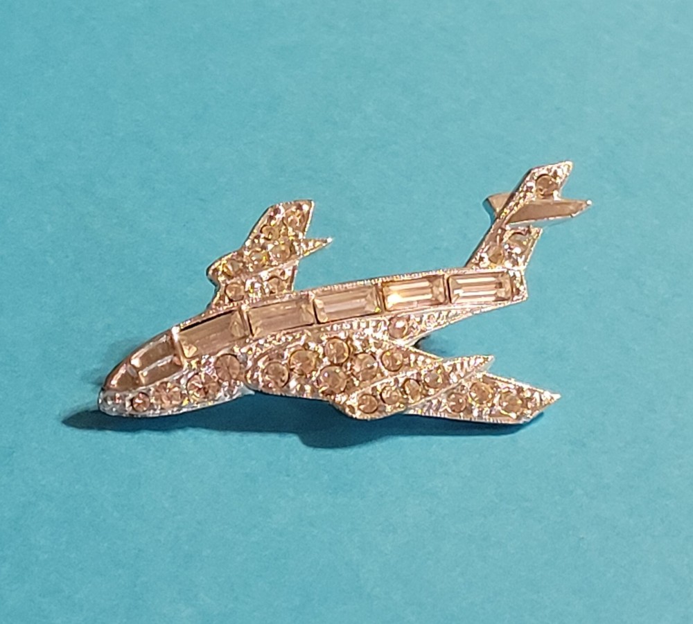 Vintage Airplane Jet Rhinestone Bling Brooch Pin Jewelry Costume Silver