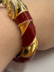 Vintage Les Bernard Bracelet Red Enamel Rams Head Hinged PLATING WEAR 6 inches
