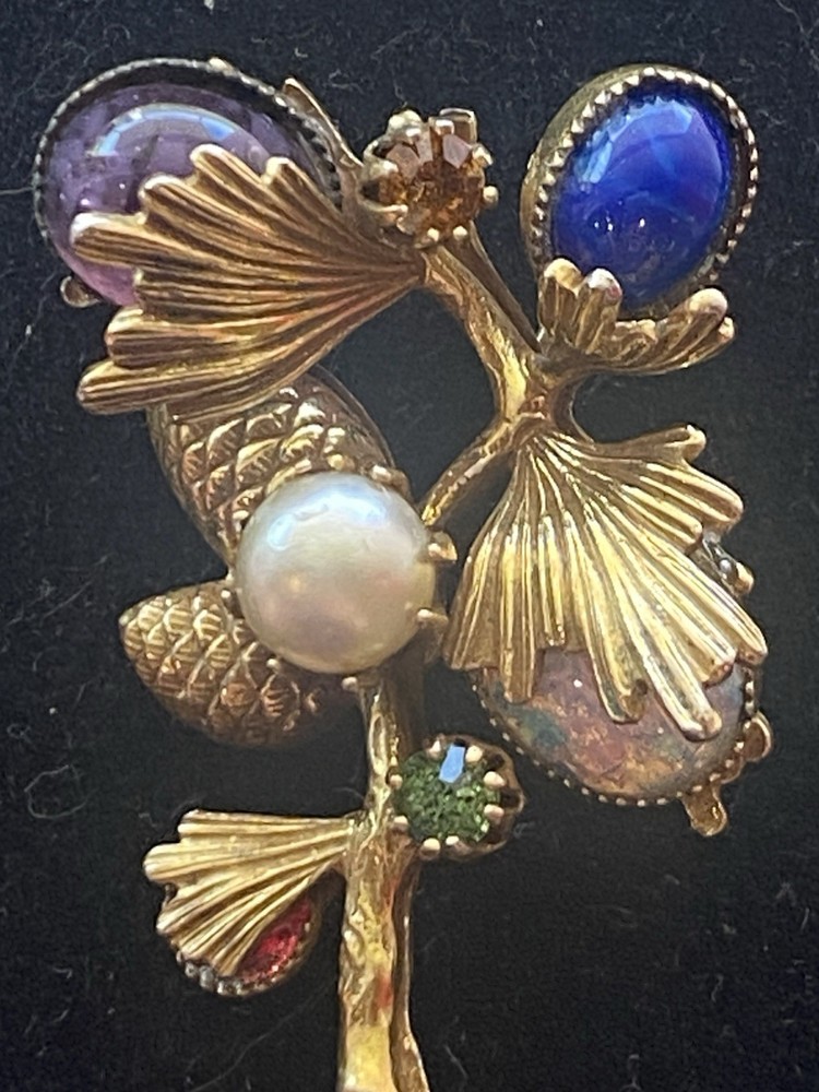 French Designer mid century Art Nouveau gemstone Pinecone Branch Gold tone Pin