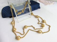 62″ Gold Plate Rolo Chain Double Strand Necklace w/ Caged Pearls