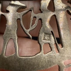 Vintage Egyptian Revival Storyteller Brooch Silver Tone Stamped Trombone Clasp