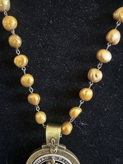 Vintage Necklace French Kande Faux Golden Pearl, Pendant Cognac Pineau 16”