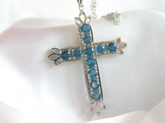 Vintage Sterling Silver 925 Heated London Blue Topaz Cross Pendant Necklace