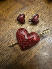 Avon Vintage Red Enamel Rose Heart Arrow Brooch and Earrings Jewelry Set Gold