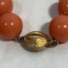 VINTAGE Orange Acrylic Metal Filigree Bead Necklace Gold Tone Box Clasp 18″