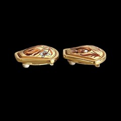 Hermes VTG Rabbit Motif Enamel Clip₋On Earrings Glod/Beige Cloisonne w/Box Used