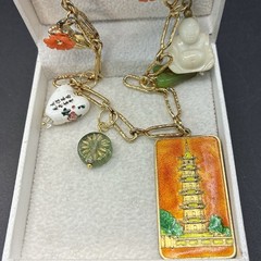 Vintage Estate Assemblage of Charms: Buddha, Pagoda Tower,Thermoset Flowers,OOAK