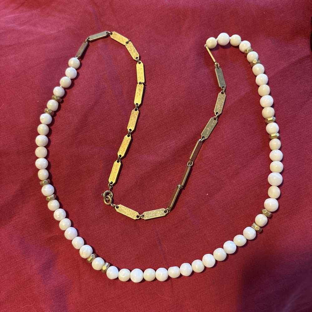 Agate/Quartz? Brass Vintage Necklace 33in