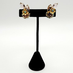 Glamorous AB Crystal Flower Floral Pale Rhinestone Climber Vtg Clip On Earrings