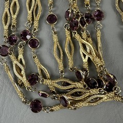 Vintage Necklace Gold Tone Multi Strand Purple Rhinestone Statement 25″
