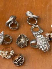 Vintage rhinestone and pearl rings, lot of 10, now size fits all