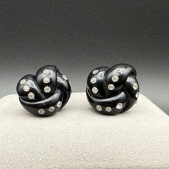 Vintage Black Lucite & Rhinestone Love Knot Screw Back Earrings Retro Statement