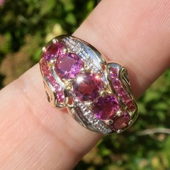 14k Solid Yellow Gold Natural Pink Tourmaline and Diamond Band Ring Size 7.75