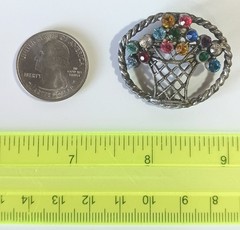 Antique Silver-tone Oval Flower Basket Brooch w/ Multicolor Gemstones, C-clasp
