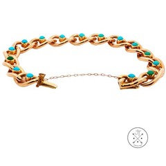 Antique 15k 15ct Yellow Gold Victorian Curb Link Bracelet with Turquoise 7.25 in