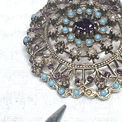 Vintage Brooch Turquoise Purple Rhinestone Faux Pearl Gold Tone Round 2″ Repair