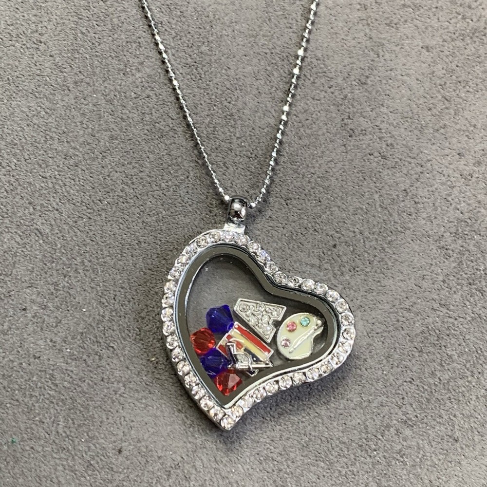 Vintage Heart Shape Locket With Mini Charms, Magnetic Close 16” Beaded Chain