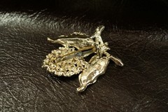 BR61 Vintage Brooch, Pin, Costume Jewelry, Silver Toned, Flower w/ Leaves