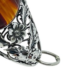 Antique Victorian Sterling Silver 925/1000 Banded Agate Flower Pendant 3” Long