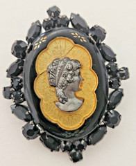 Vintage Mourning Style Cameo Brooch Black Jet Rhinestone Victorian Revival Goth