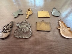 Vintage NOS Brass Christmas Charm Set 8 Pc Santa Snowman Fireplace Gift Mistleto