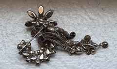 Vintage Estate Flower Brooch Rhinestones Amethyst & Clear Dangle Prong Set