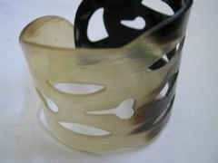 Stretchable Faux BuffaloHorn Bicolor Cuff Bracelet w/ Cut Out Design 2″ x 2.25″