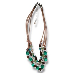 Vintage Boho 3-strand Glass & Wood Bead Faux Leather Necklace 15″-17″
