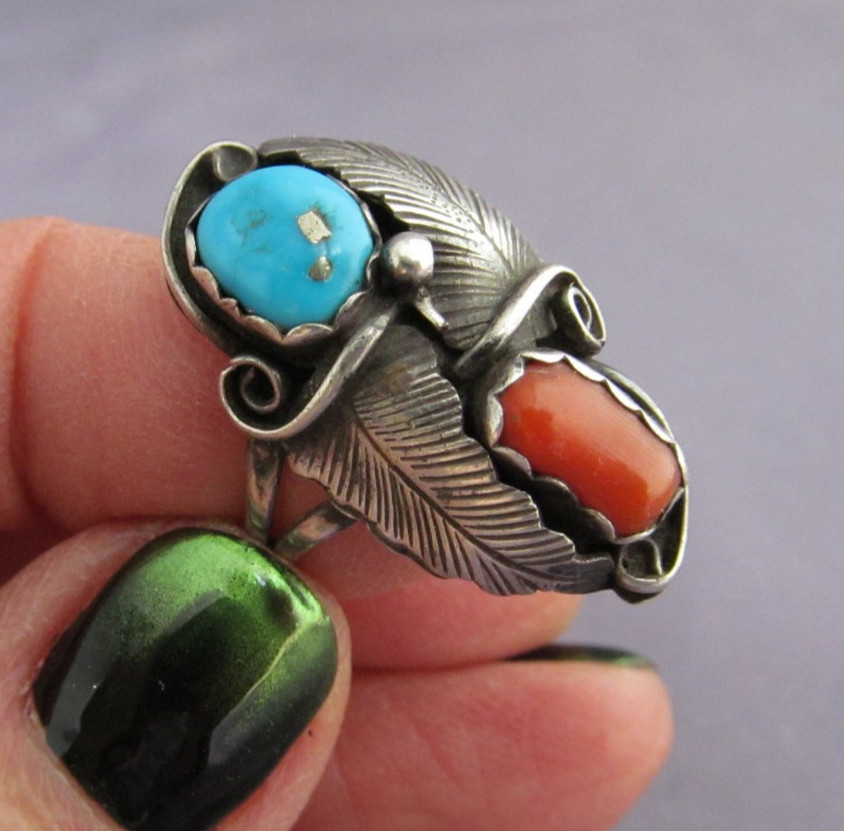VINTAGE OLD PAWN STERLING ROBERT SHAKEY SQUASH BLOSSOM TURQUOISE CORAL RING