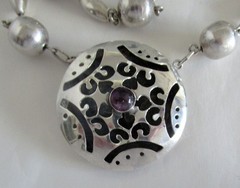 VINTAGE MEXICO BOLD STERLING PENDANT NECKLACE 2 INCHES, 42 GRAMS, AMETHYST, 20″