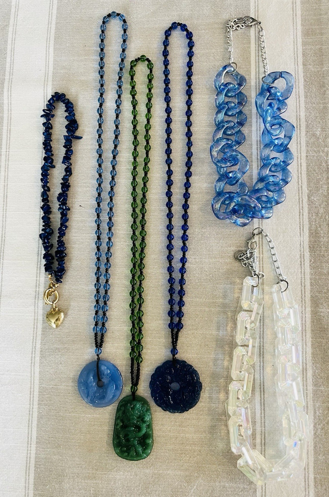Mixed Lot 6pc Beaded Necklaces & Bracelet w/ Pendants, Blue Green Clear
