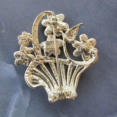 AAi Flower Basket Brooch Enamel Rhinestone Silver Tone Spring Signed 1.75 Inches