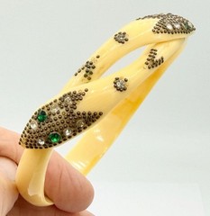 Antique Art Deco Ivory Celluloid Paste Green-Eyed Snake ARM Band Bangle Bracelet