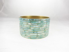 8.25″ Blue Dyed Mother Of Pearl MOP Inlaid Wide Brass Bangle Bracelet