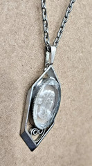 Vintage Silver Tone Hexagon Pendant 24″ Necklace w/ Clear Cameo Profile Resin