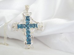 Large Sterling Silver 925 Heated London Blue Topaz Cross Pendant Necklace