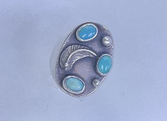 Vintage Old Pawn Southwest Turquoise Stones Feather Heavy Sterling Ring Size 10