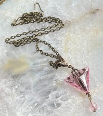 Vintage Necklace Art Nouveau Brass Pendant Antique Pink Czech Glass Drop