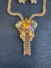 RARE Vintage Albert Weiss Cats Eye 19” Necklace Earring Set 1950’s