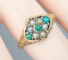 Pretty Antique Victorian 15K Gold Turquoise Pearl Floral Engraved Ring 1869 5.75