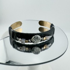 Vintage Leather Cuff Bracelet with Agate Stone Boho Southwestern Style Retro