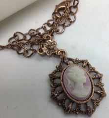 1928 Rose Gold Tone Dangle Cameo Necklace & Purple Stud Set New Unused