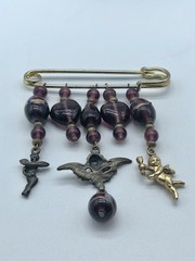 Vintage Charm Holder Safety Pin Brooch Dangling Purple Beaded Hearts Cupid Angel