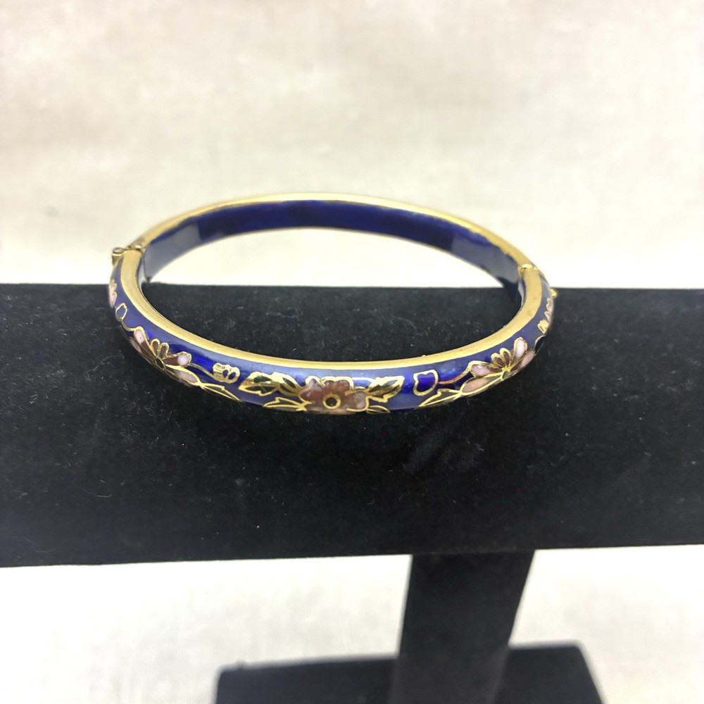 Vintage Cloisonne Bangle Bracelet Blue, Gold, Green, and Red Floral print