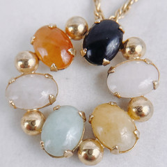 VTG Signed Alice Caviness 14K GF Gemstone Circle Pendant Necklace 1950s, 1960s