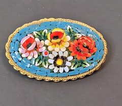 Italian Mosiac Flower Brooch Aqua Background Multicolor Flowers Italy 1.75″